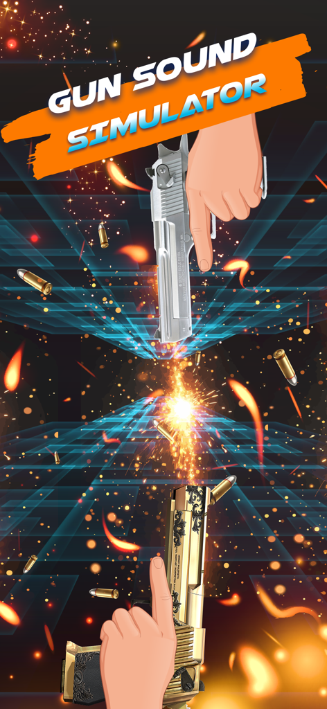 Two hands firing silver and gold pistols with sparks and flying bullets in a gun simulator app