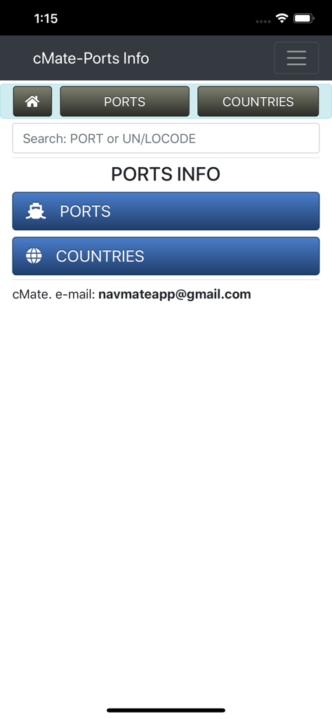 Home screen of the cMate-Ports Info app featuring a search bar for ports and UN LOCODEs.
