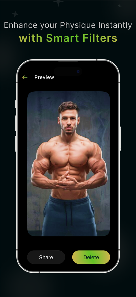 AI Muscle filter: Giga AI Body - Smartphone screen displaying a muscular body transformation preview using AI filters
