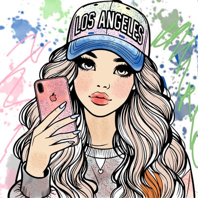 realistic beautiful girl wearing los ángeles cap holding an iphone