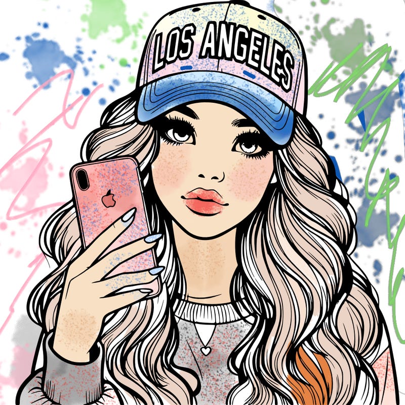 realistic beautiful girl wearing los ángeles cap holding an iphone
