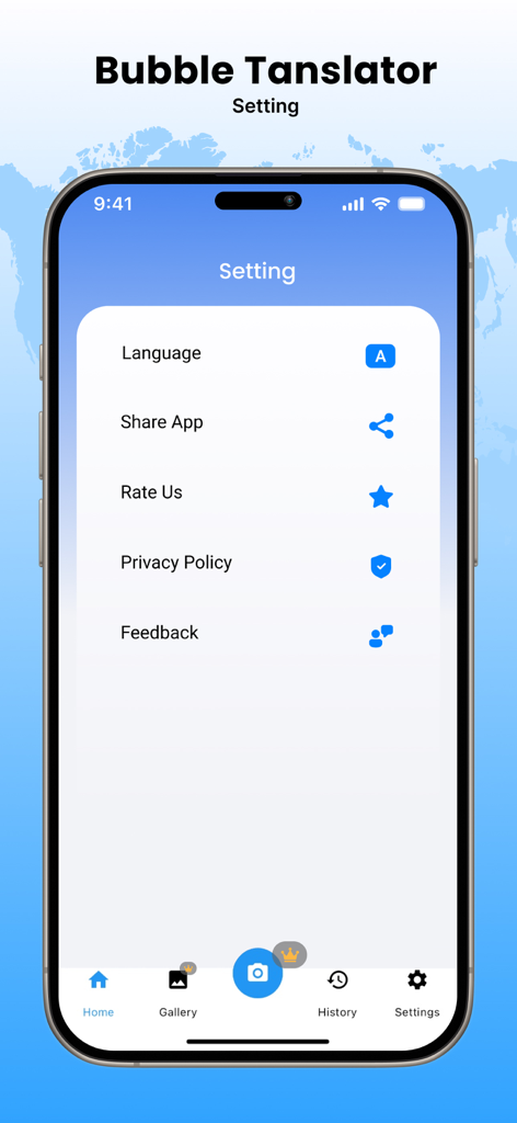 Bubble Translator - Settings screen of the Bubble Translator app on an iPhone showing options for language, app sharing, and feedback.