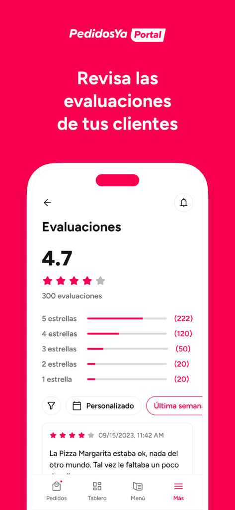 PedidosYa Portal - Interfaz de la aplicación PedidosYa Portal que muestra reseñas de clientes y un resumen de calificación de 4.7 estrellas