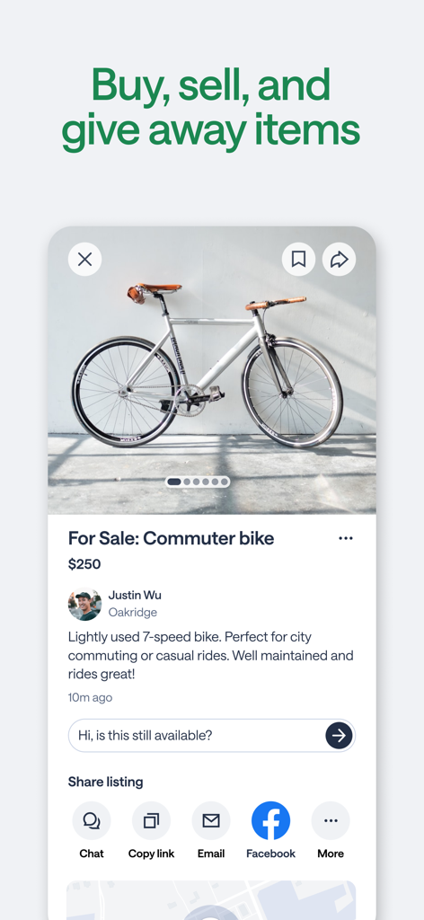 A Nextdoor app screen showing a neighborhood marketplace listing for a commuter bike for sale.