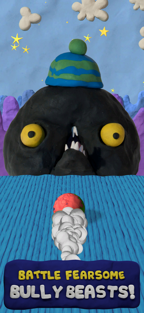 Clay Jam Classic - A large black clay monster wearing a blue hat facing a rolling clay pebble in Clay Jam Classic