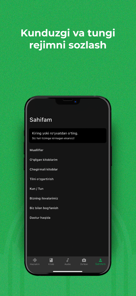 Hilol eBook app settings screen showing the night mode interface in Uzbek