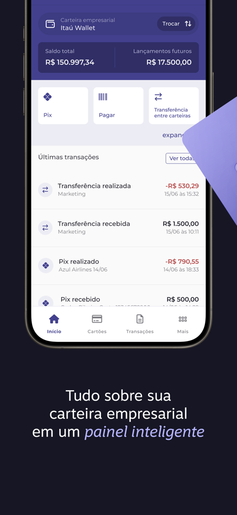 Portão 3 - Expenses - Portão 3 mobile app dashboard displaying a corporate wallet balance and recent business transactions