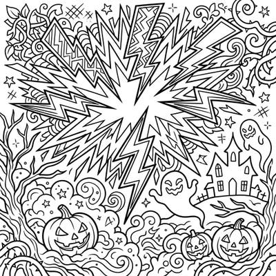 Dive into the heart of a stormy Halloween night with this electrifying coloring page, where a powerful clap of thunder illuminates a scene filled with classic spooky delights. Featuring grinning pumpkins, playful ghosts, and a haunted house, it's a thrilling blend of nature's power and holiday fun, perfect for all ages.