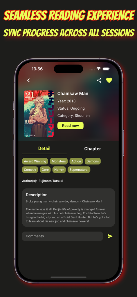 Manga and Anime Comic Reader - Manga and Anime Comic Reader app interface showing Chainsaw Man series details with a seamless reading experience and progress sync features.
