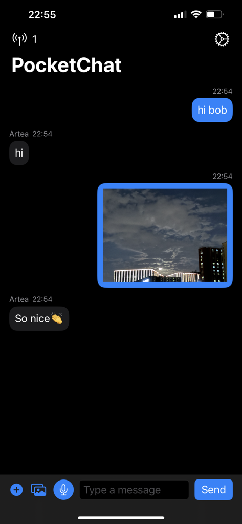 A screenshot of the PeerTalk app interface showing an offline chat conversation with text and shared photos via Bluetooth