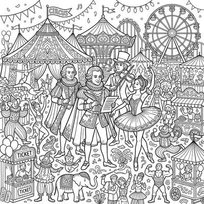 Immerse yourself in a whimsical fusion of classical music and carnival thrills with this unique coloring page. Featuring elegant ballet composers amidst a bustling circus, it promises a vibrant creative journey.