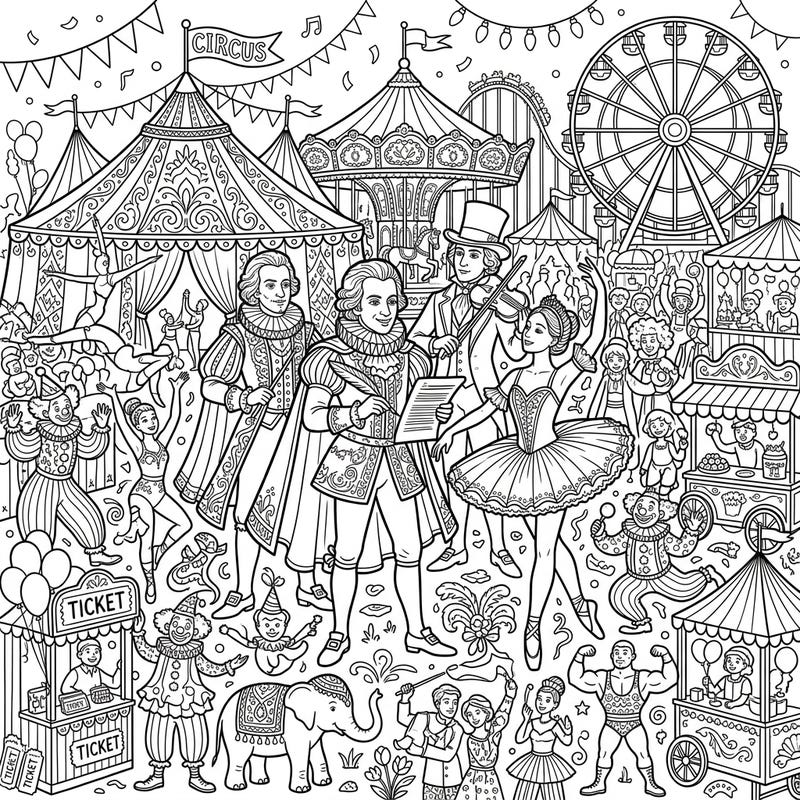 Immerse yourself in a whimsical fusion of classical music and carnival thrills with this unique coloring page. Featuring elegant ballet composers amidst a bustling circus, it promises a vibrant creative journey.