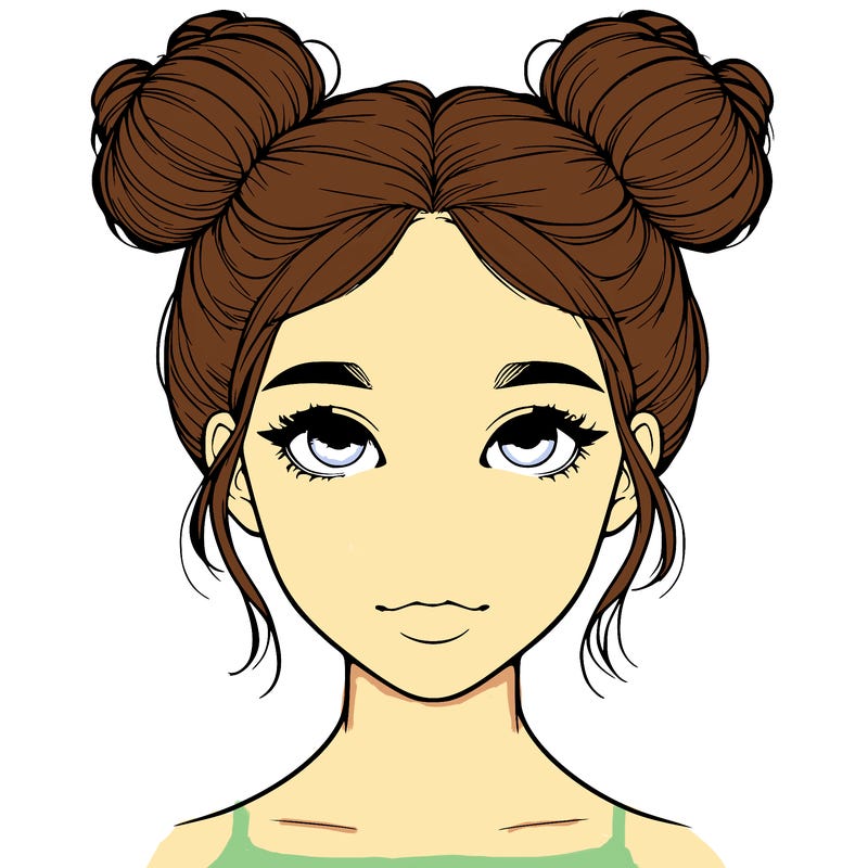 realistic girl with two buns on top of her head