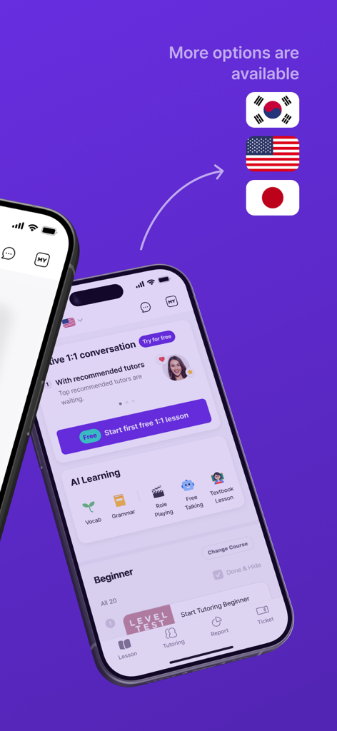 LINGORA | 24/7 Language Lesson - Lingora mobile app interface showing AI powered language coaching and 1 on 1 learning modules