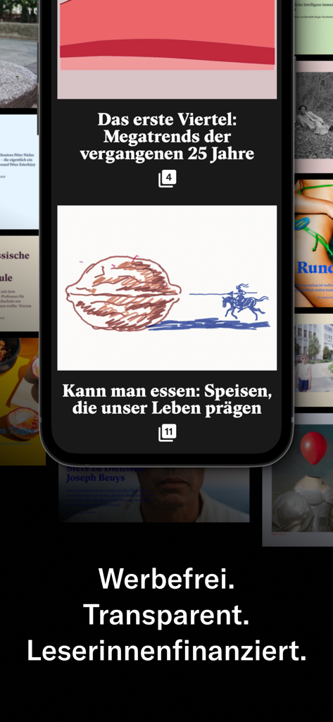 Republik - Interface do aplicativo Republik mostrando artigos de jornalismo de formato longo e valores sem anúncios no modo escuro