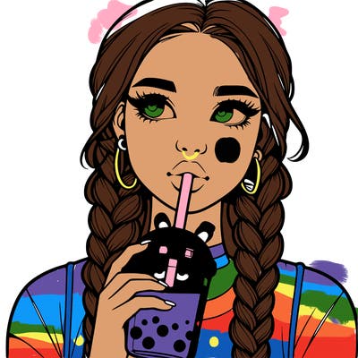 realistic girl with braided hair drinking boba