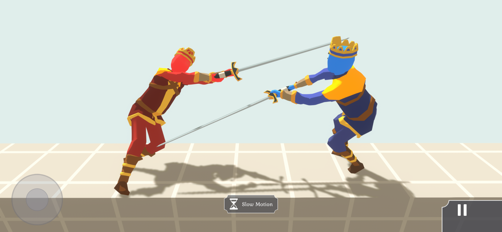 Fun Ragdoll Battle Simulator - Two ragdoll kings in red and blue armor fighting with swords in slow motion
