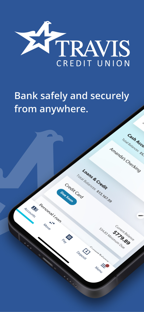 Travis Credit Union mobile app dashboard showing account balances and credit card information.