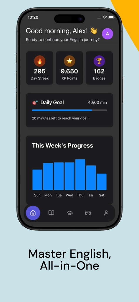 English Mastery - TOEIC, IELTS - Dashboard of the English Mastery app showing learning streak, XP points, and weekly study progress