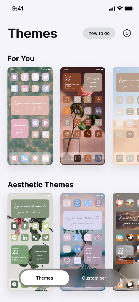 Icon Themer:App Skin – Naricon - A variety of curated aesthetic home screen themes with custom icons and widgets displayed in the Naricon app interface