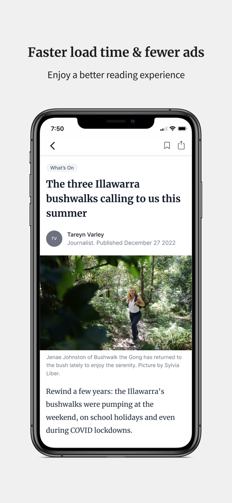 Illawarra Mercury - Screenshot of the Illawarra Mercury app showing a local news article about bushwalks in the Illawarra region