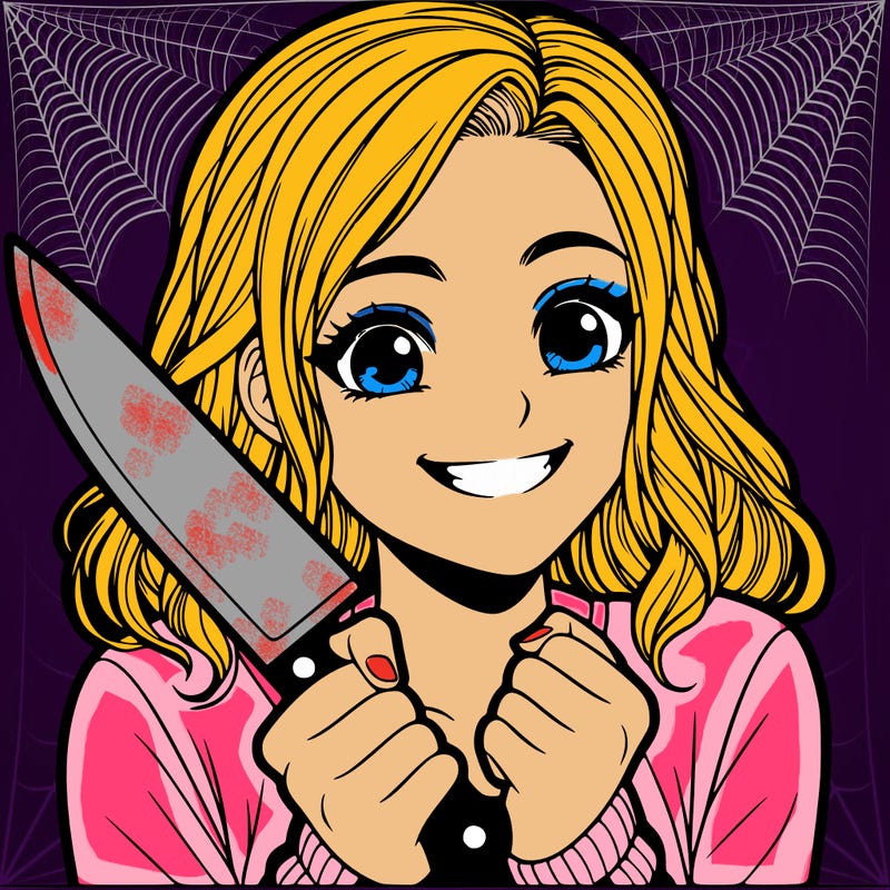 a realistic girl holding a knife and grinning