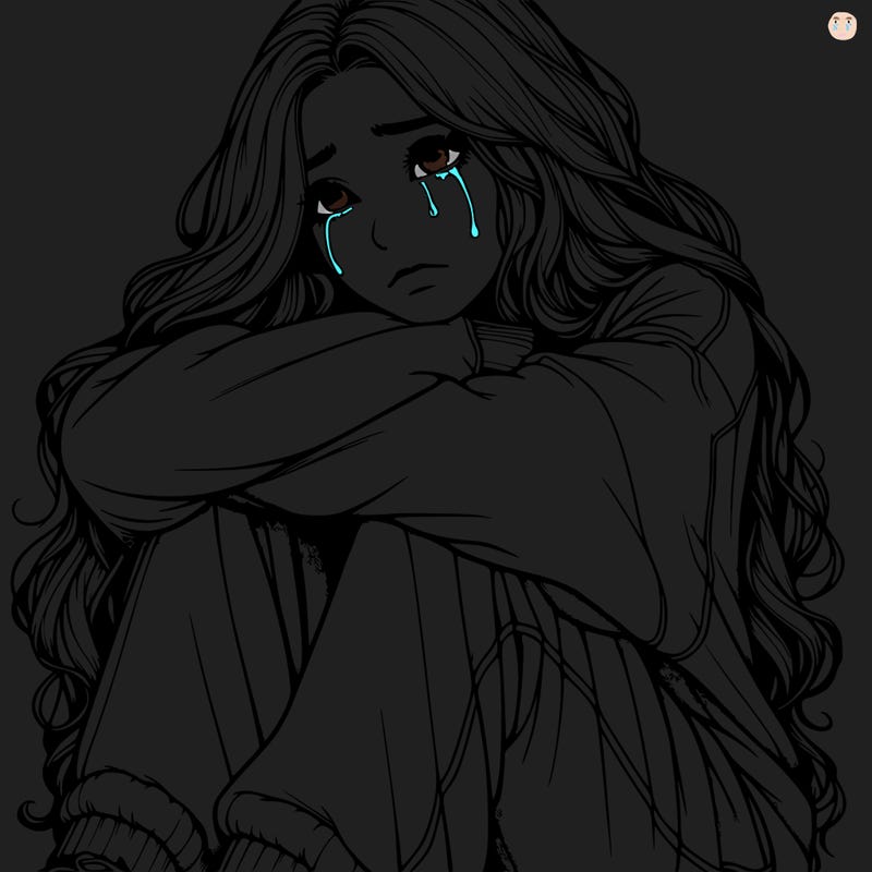 a girl with long hair wearing a sweatshirt and sweatpants.the girl is realistic and she has long hair that is also realistic.her head is on her knees and she is crying.she is sitting down and she looks sad