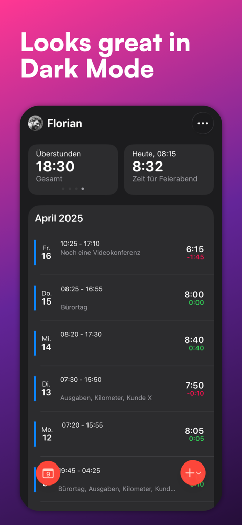 WorkTimes App-Benutzeroberfläche, die stündliche Arbeitszeiterfassungen und Überstundenverfolgung im Dark Mode anzeigt