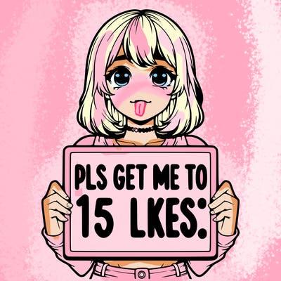 realistic girl holding up a sign that says “pls get me to 15 likes!”