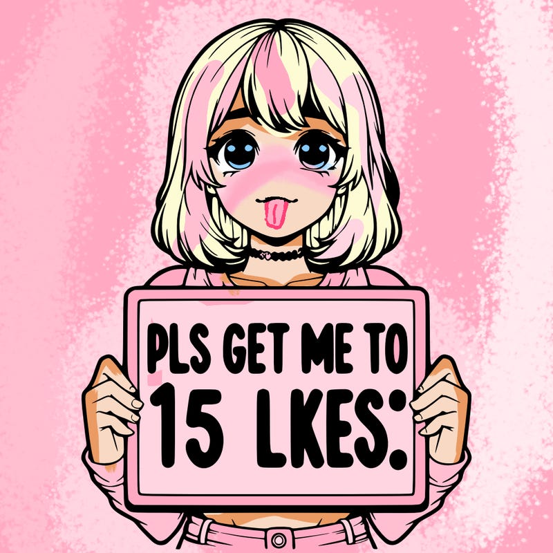 realistic girl holding up a sign that says “pls get me to 15 likes!”