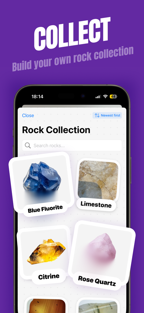 Rock Identifier: Stones ID - Mobile app screen displaying a personalized digital rock collection with minerals like Blue Fluorite, Limestone, Citrine, and Rose Quartz