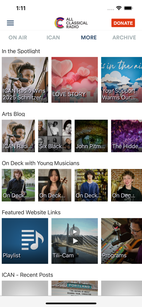 All Classical Radio - All Classical Radio mobile app interface showing the More screen with Arts Blog and young musicians spotlight.
