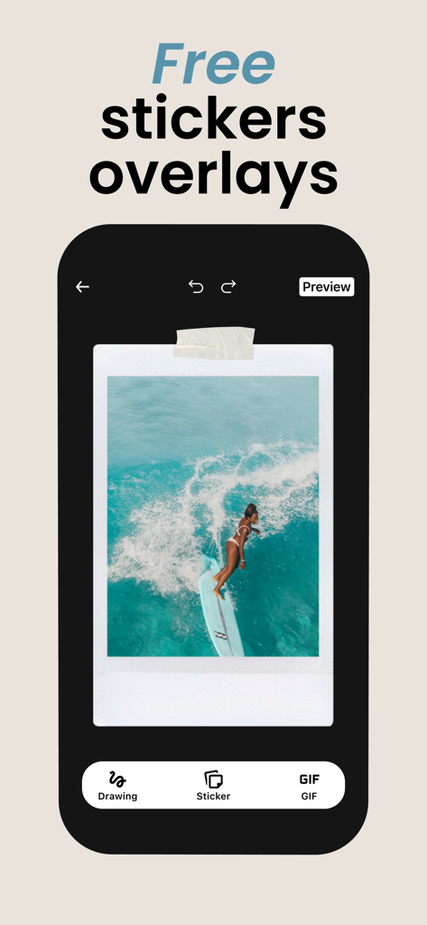 Pantalla de la aplicación PANO que muestra herramientas de edición de fotos para stickers y superposiciones