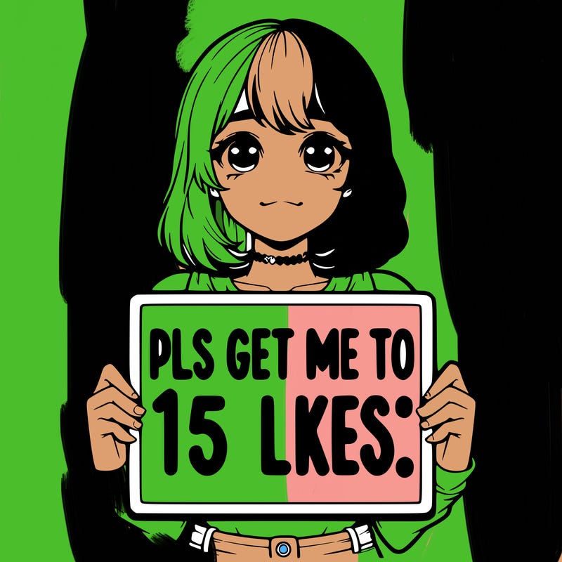 realistic girl holding up a sign that says “pls get me to 15 likes!”