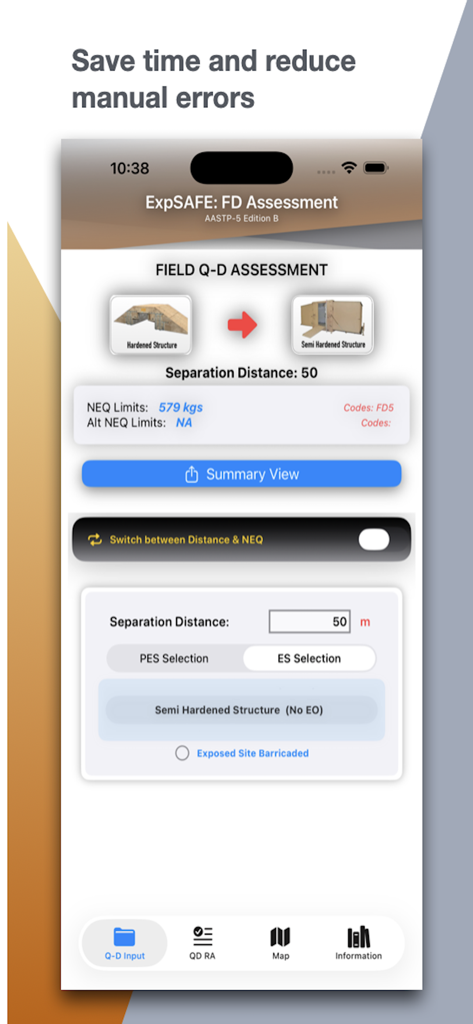 AASTP-5: FD Companion - Interface of the AASTP-5 app displaying a field explosives safety calculation for separation distance and NEQ limits.