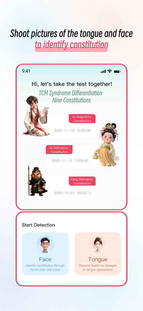 PulseWarden app interface for identifying body constitution through face and tongue analysis.