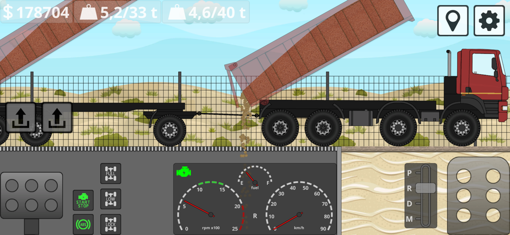 Gameplay simulatore 2D di un camion ribaltabile rosso che scarica merci sfuse con un'interfaccia cruscotto tecnico dettagliata.