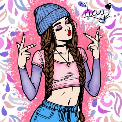 realistic teenage girl with braids and a beanie and crop top doing 🫶🏼