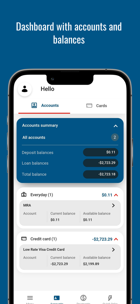 AustMilBank - AustMilBank mobile app dashboard showing account summary and balances