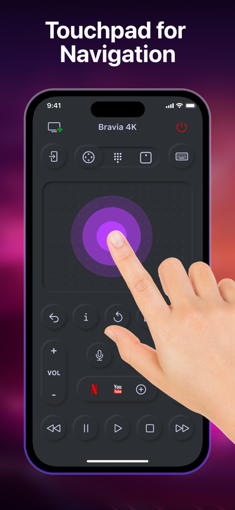 Pantalla de la aplicación de smartphone mostrando un panel táctil para la navegación de smart TV con una mano interactuando con la interfaz táctil púrpura