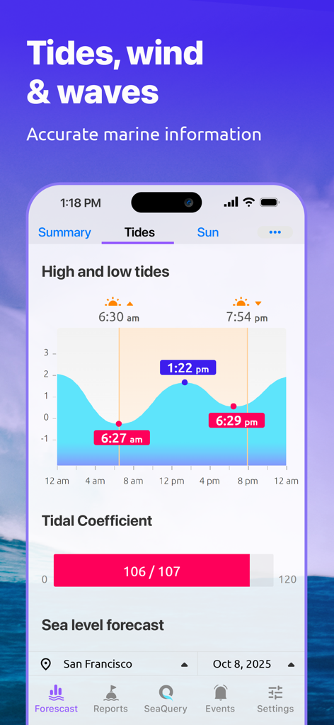 Nautide: Tides, Wind, Waves + - Mobile interface of Nautide app displaying high and low tide graphs and tidal coefficient information