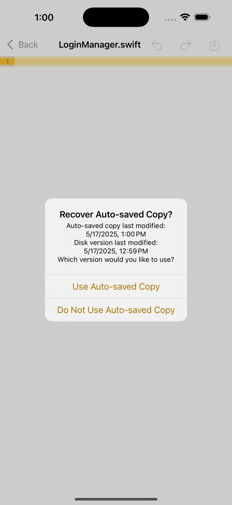 Weee: The Git Monster - A file recovery alert dialog in the Weee Git Monster mobile app showing options to use an auto-saved copy.