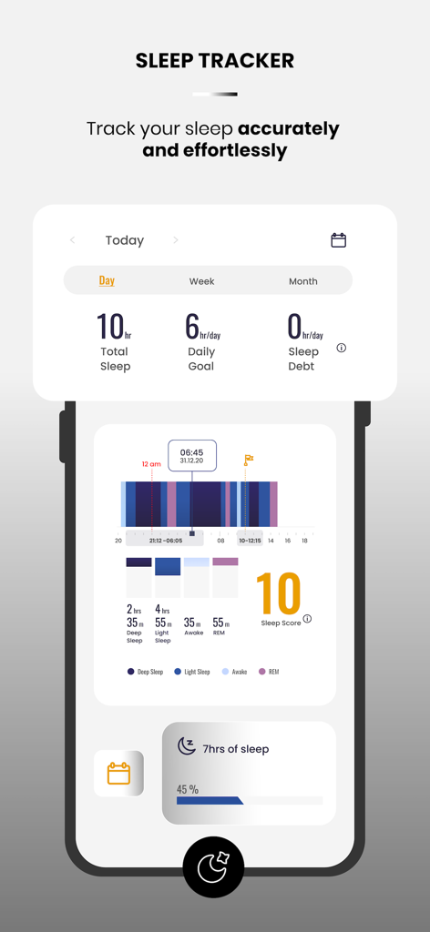 Titan Smart World - A detailed sleep tracker dashboard in the Titan Smart World app showing sleep stages chart and total sleep hours