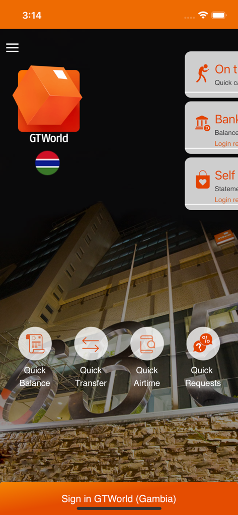 GTWorld Gambia - Home screen of GTWorld Gambia mobile banking app for the Gambian diaspora