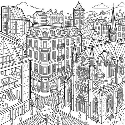 Unleash your creativity with this stunning architectural cityscape coloring page. Dive into a world of intricate buildings, charming streets, and iconic structures awaiting your personal splash of color.