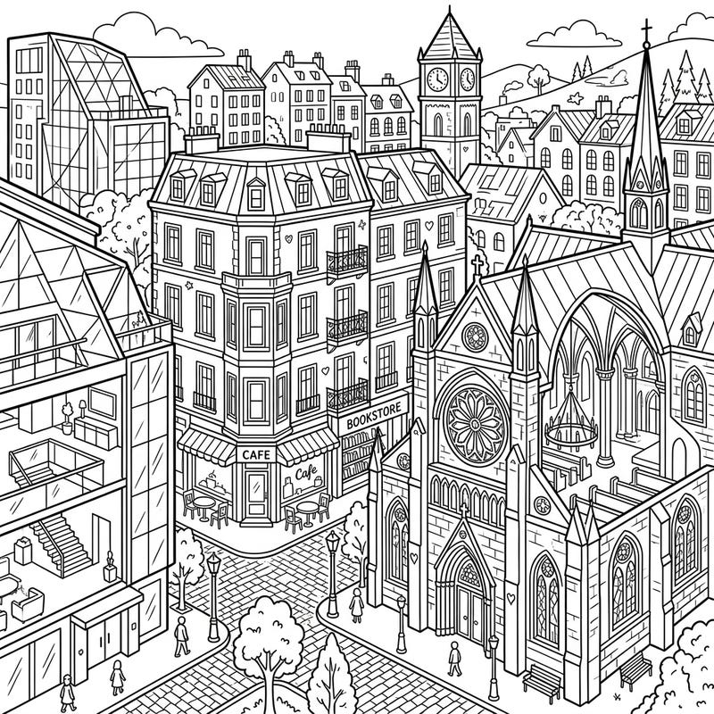 Unleash your creativity with this stunning architectural cityscape coloring page. Dive into a world of intricate buildings, charming streets, and iconic structures awaiting your personal splash of color.