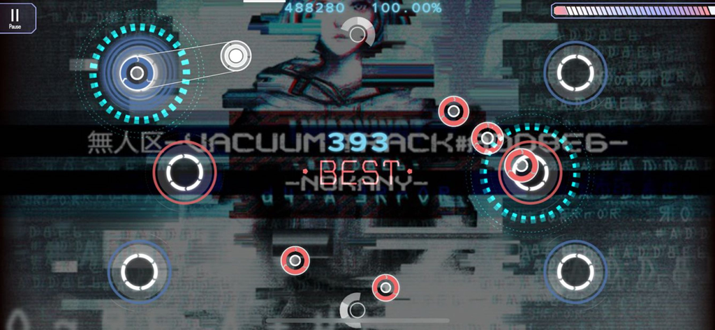 A gameplay screenshot of the Malody music simulator showing circular note patterns over a futuristic glitch-art background.