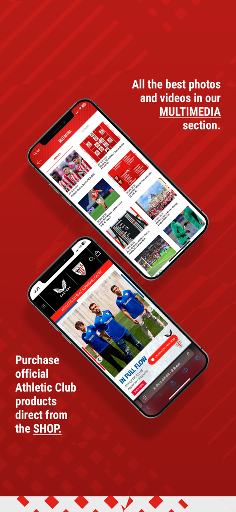 Two smartphones showing the multimedia gallery and the official team shop in the Athletic Club app