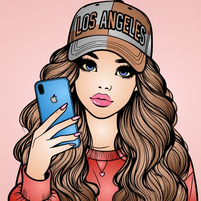 realistic beautiful girl wearing los ángeles cap holding an iphone