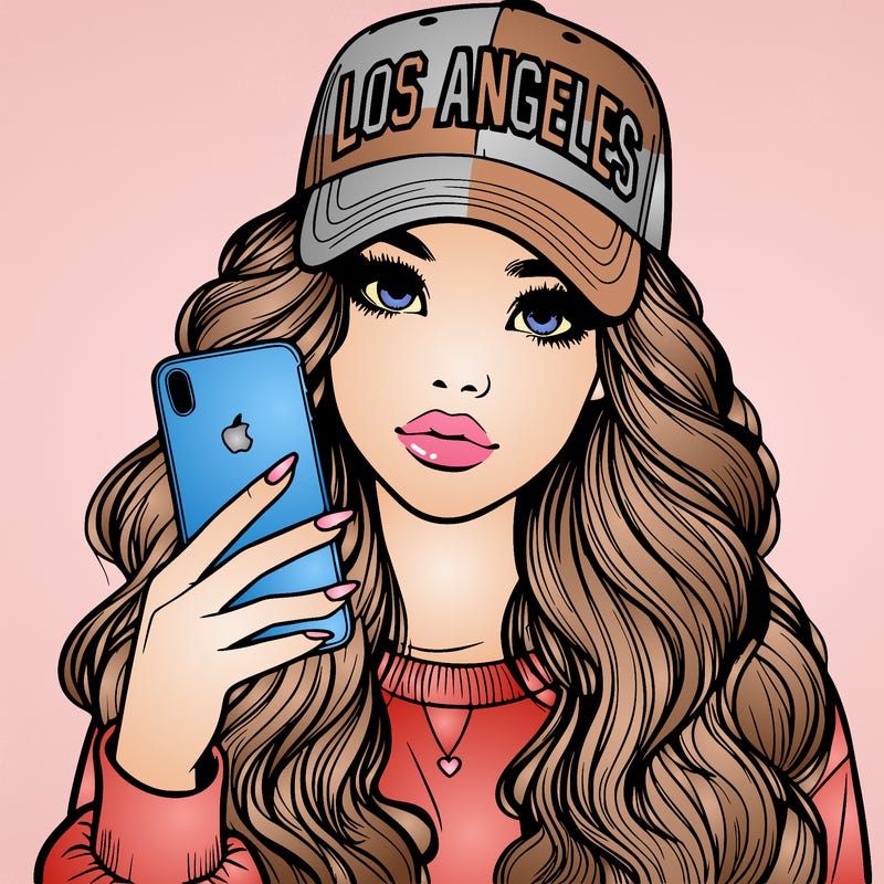 realistic beautiful girl wearing los ángeles cap holding an iphone